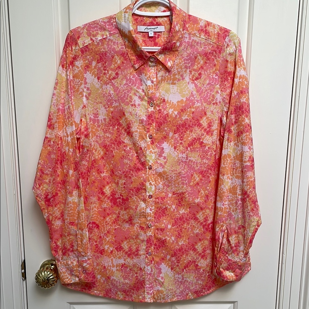 Foxcroft sz 8 pink orange button down abstract watercolour adj sleeve
